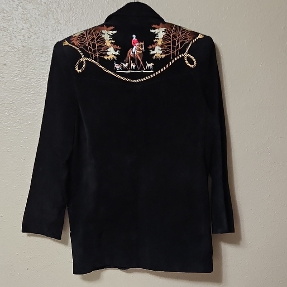 Equestrian Suede Leather Embroidered Jacket Blazer Size Medium Satin Lined Black - Picture 6 of 15